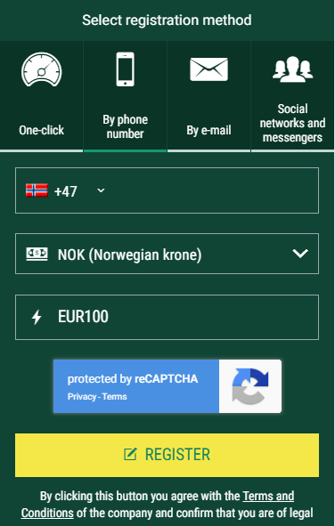 Enter BetWinner promo code for Norway as you register