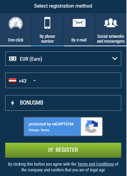 How to register with 1xBet and use 1xBet promo code for Austria