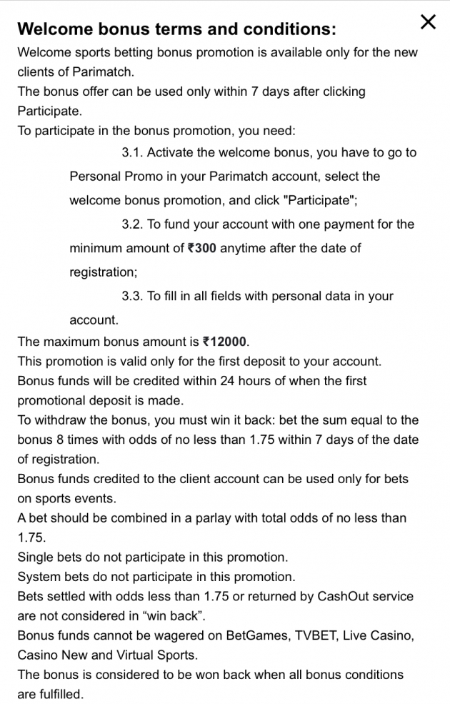 Parimatch 12000 INR bonus terms